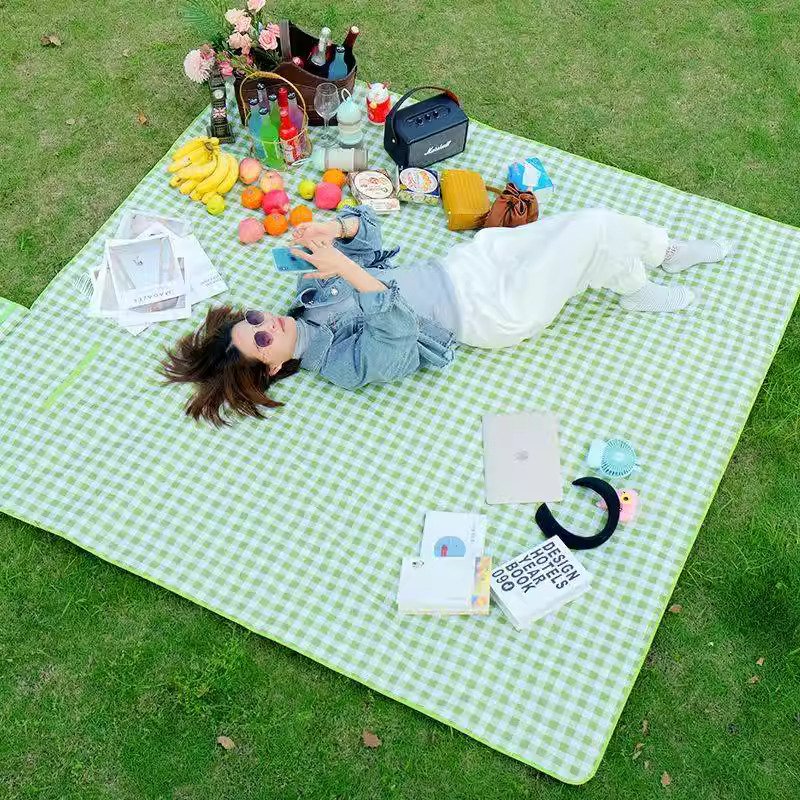 A picnic mat for the outdoor cooking camp tent with water and camping mats for the field