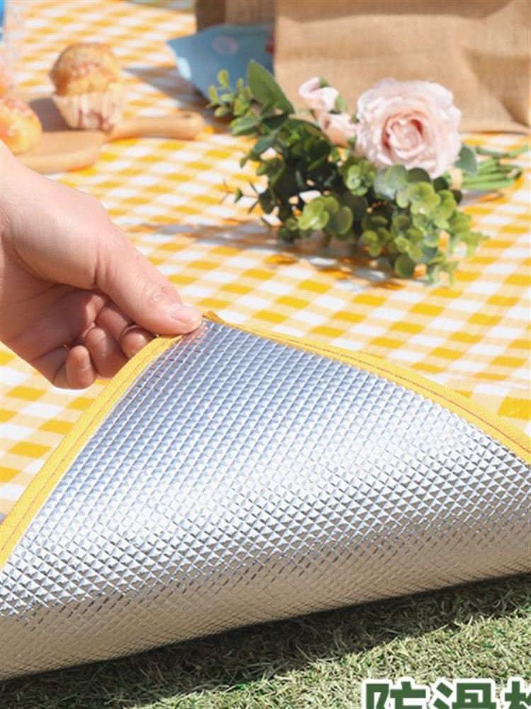 A picnic mat outside the hiking and leisure park with a thicker seat and a field cooker camping tent