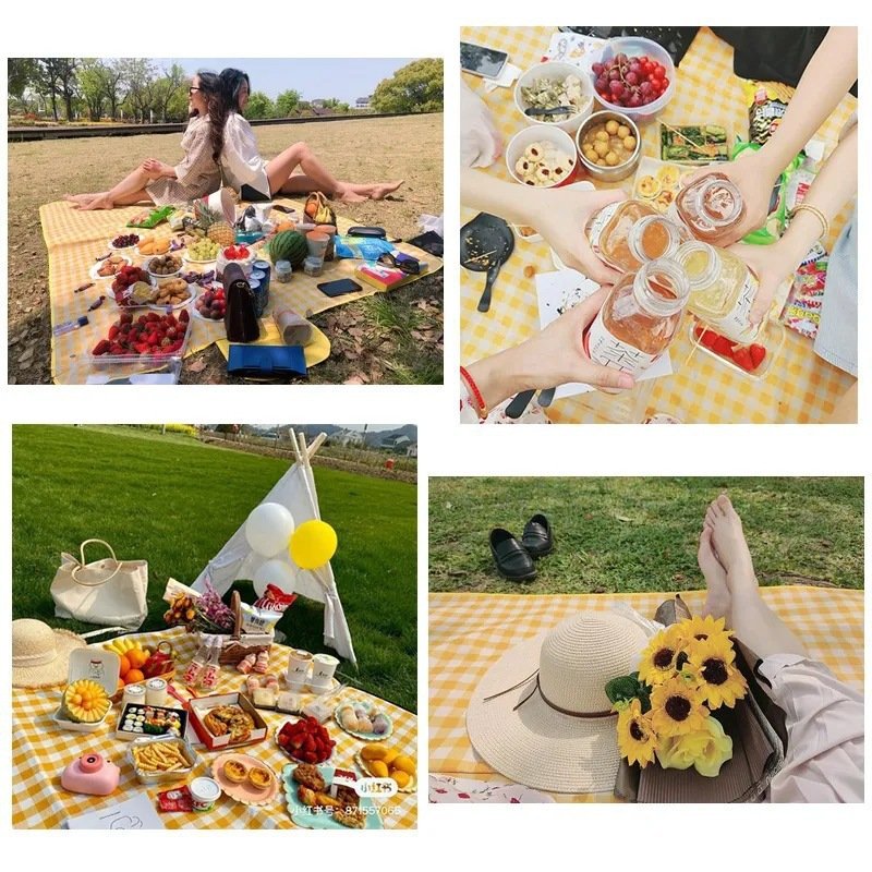 A picnic mat is thickened with a camping tent cloth with a kitchen and grass mat in the open