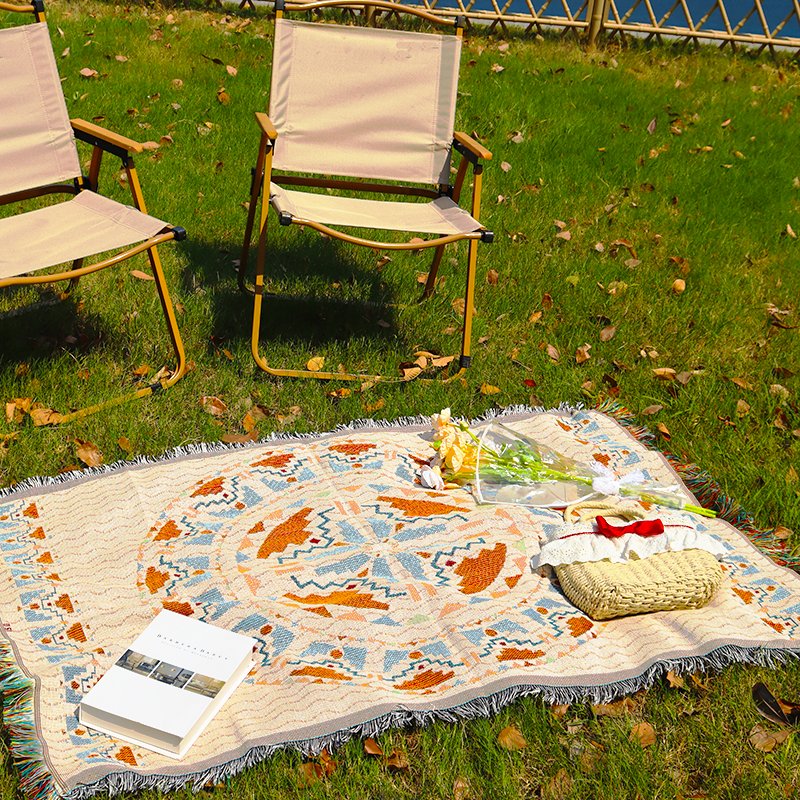 American outdoor picnic table and picnic with old carpet shawl tents with camping blankets and tatters
