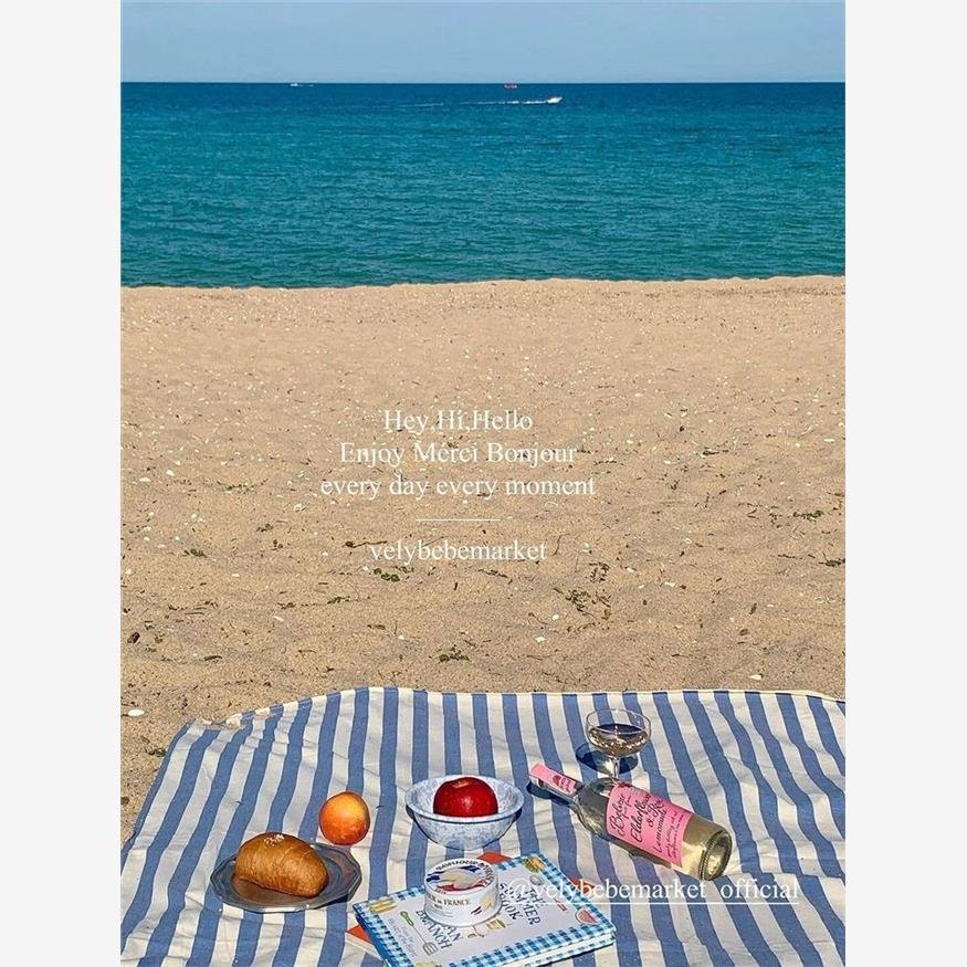 a striped picnic on a beach with a waterproof, sand-proof, open-sea-side camping pavilion with a tablecloth