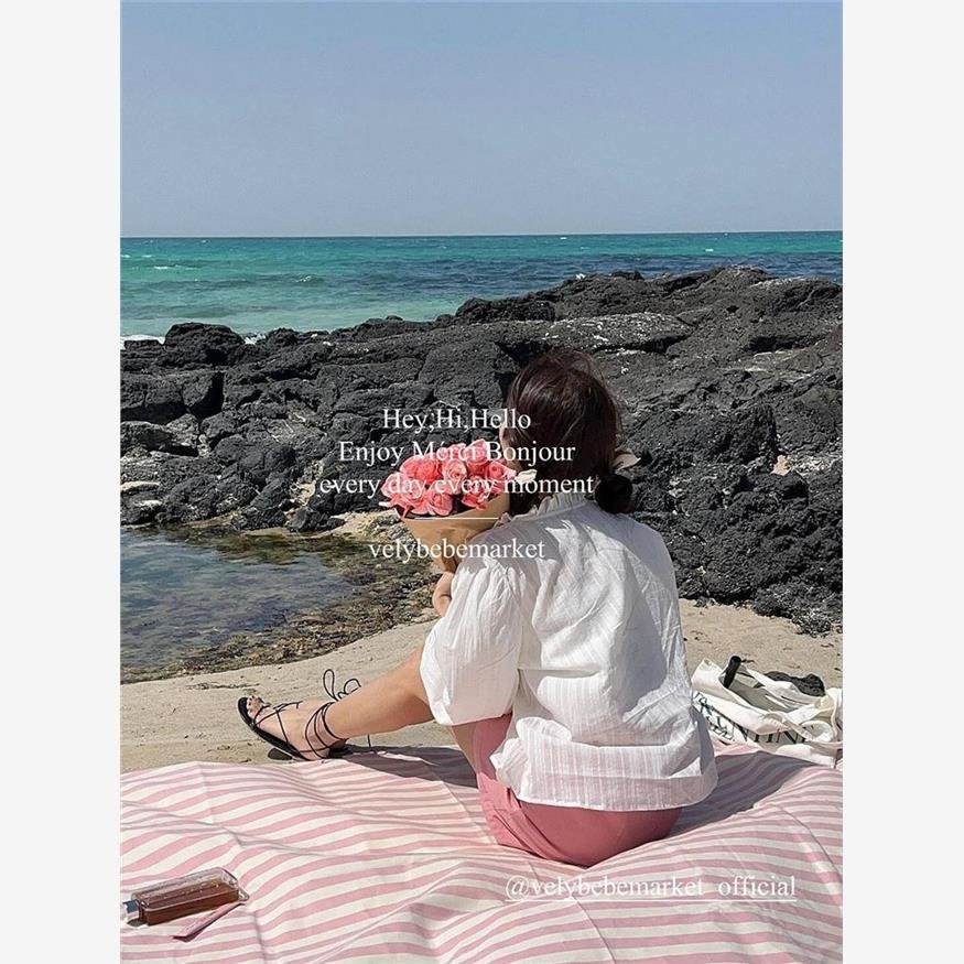 a striped picnic on a beach with a waterproof, sand-proof, open-sea-side camping pavilion with a tablecloth