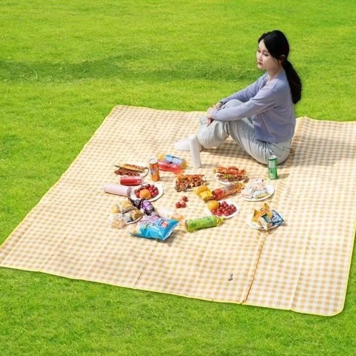 A picnic mat for the outdoor cooking camp tent with water and camping mats for the field