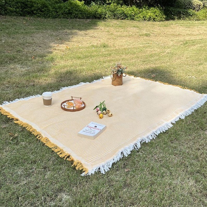 a picnic mat outside the house, with a thicker lawn, and a beach mat for the bonnet music festival