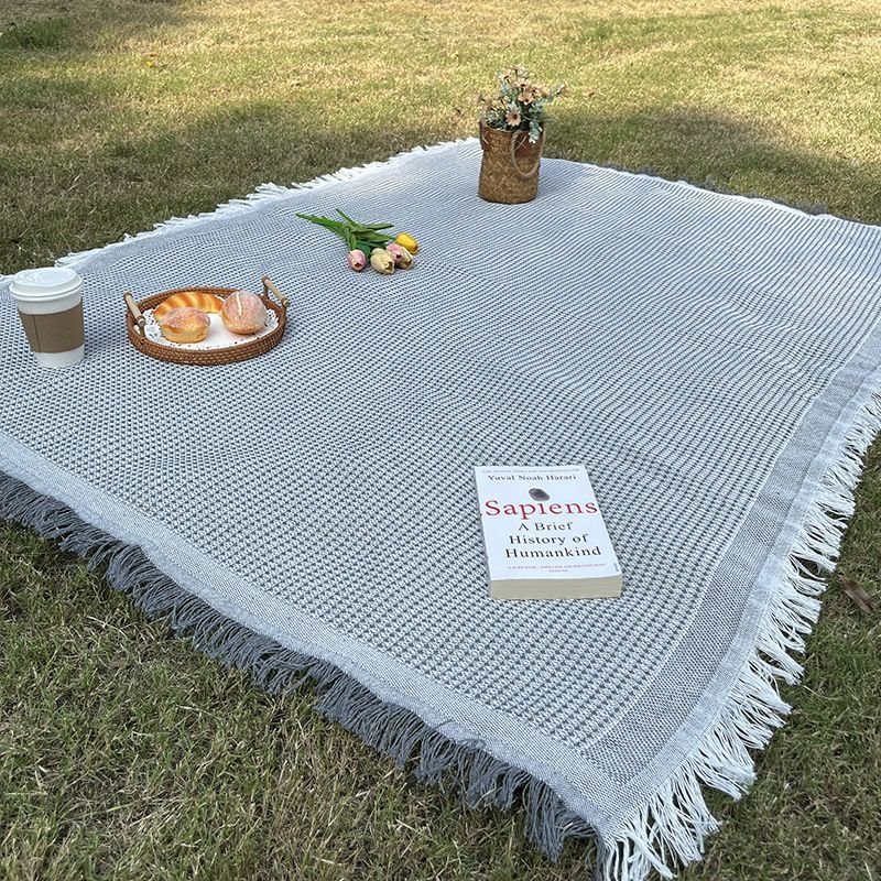 a picnic mat outside the house, with a thicker lawn, and a beach mat for the bonnet music festival