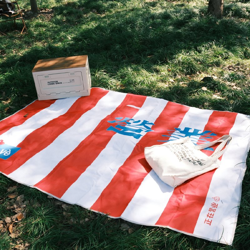 A picnic pad with a thick camper and a picnic mat and a beach mat folded to the back
