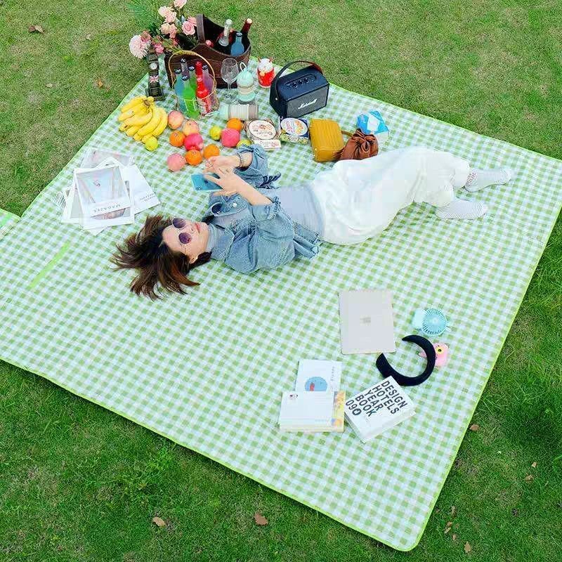 A picnic mat for the outdoor cooking camp tent with water and camping mats for the field