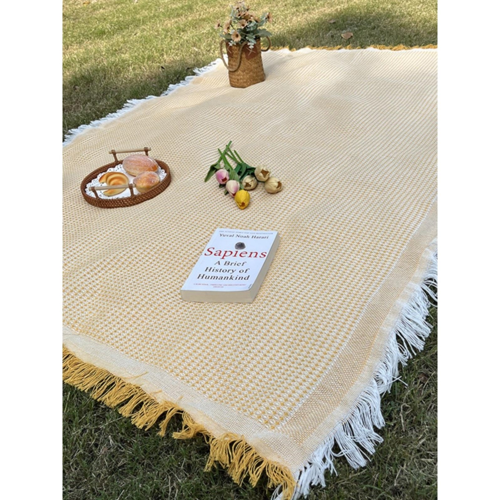Out-of-the-house picnic mats with French-style and thick-photographed beach mats with white carpets of grass