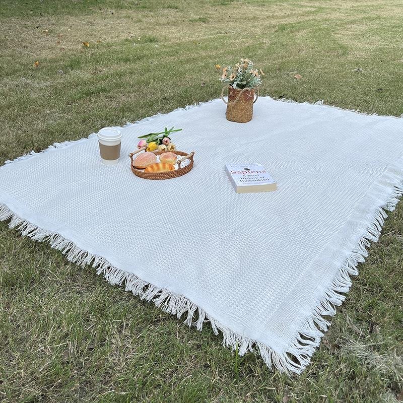 a picnic mat outside the house, with a thicker lawn, and a beach mat for the bonnet music festival