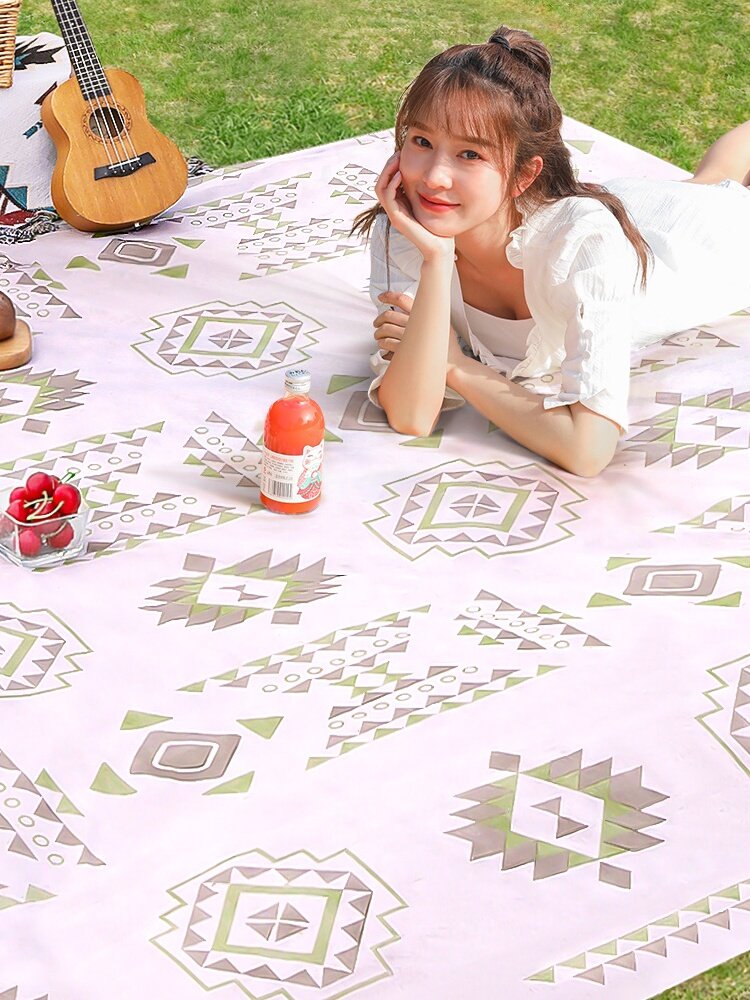 A one-time picnic camping with thick tampons and tampons folded on the watery beach lawn mats