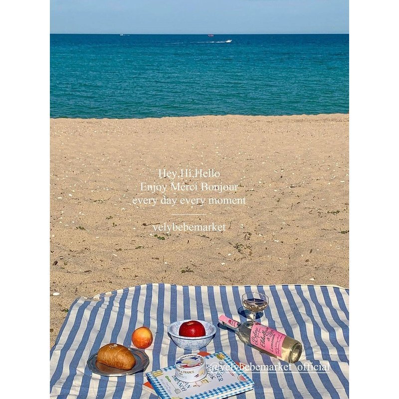 a striped picnic on a beach with a waterproof, sand-proof, open-sea-side camping pavilion with a tablecloth