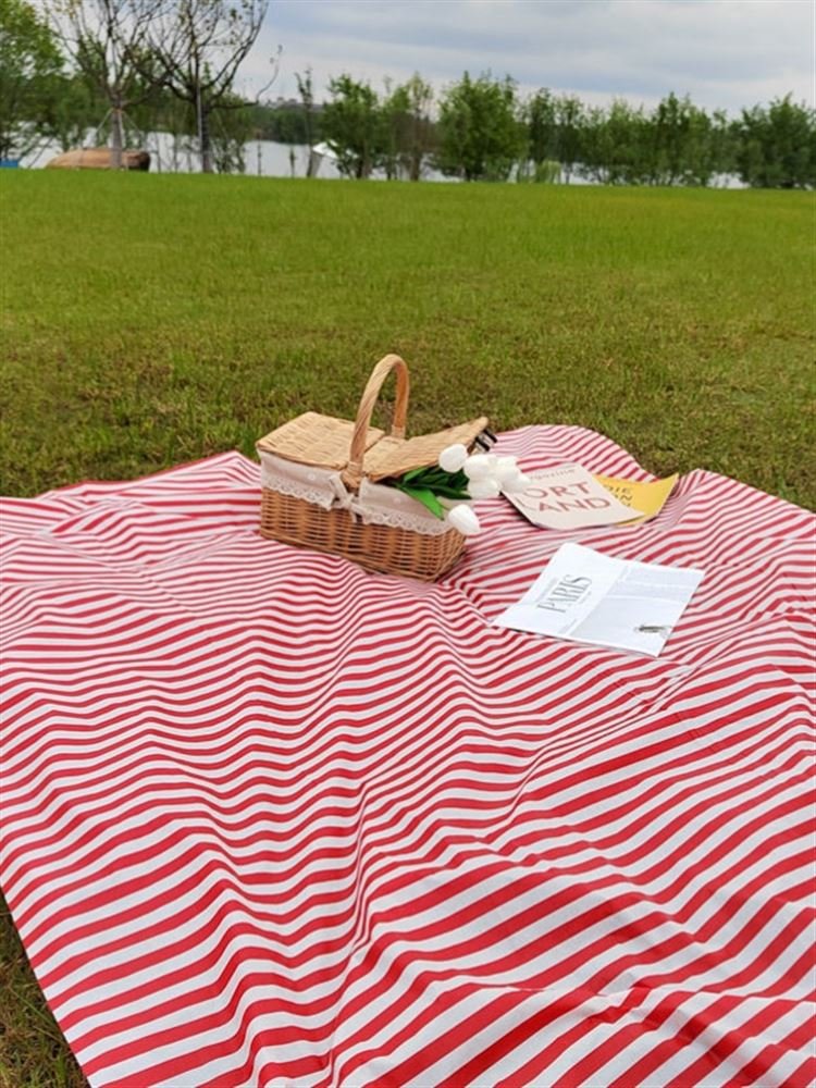 a striped picnic on a beach with a waterproof, sand-proof, open-sea-side camping pavilion with a tablecloth
