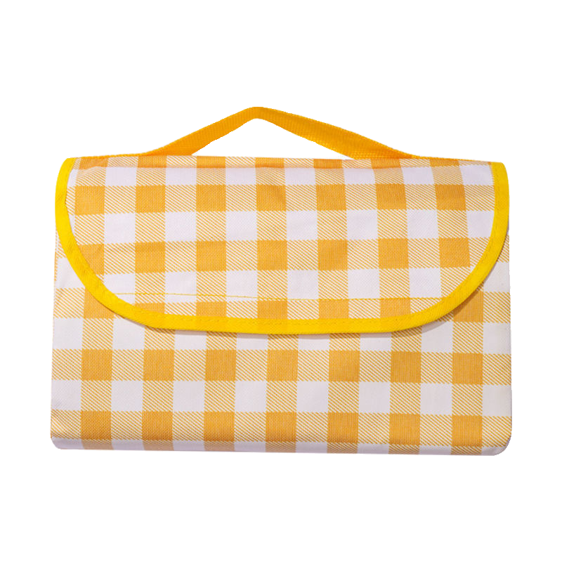 A picnic mat with a thick tent pad and a collage of camp cooking and water-proof cushions