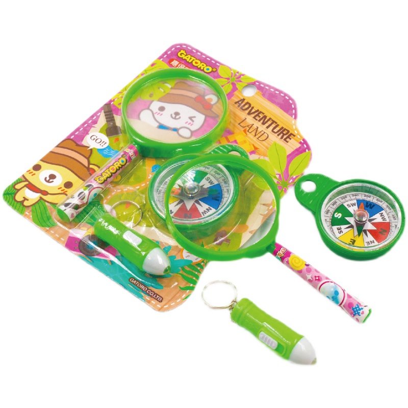 Cartoon science multi-purpose magnifier set with flashlights with a guide toy for children's archaeological little gift
