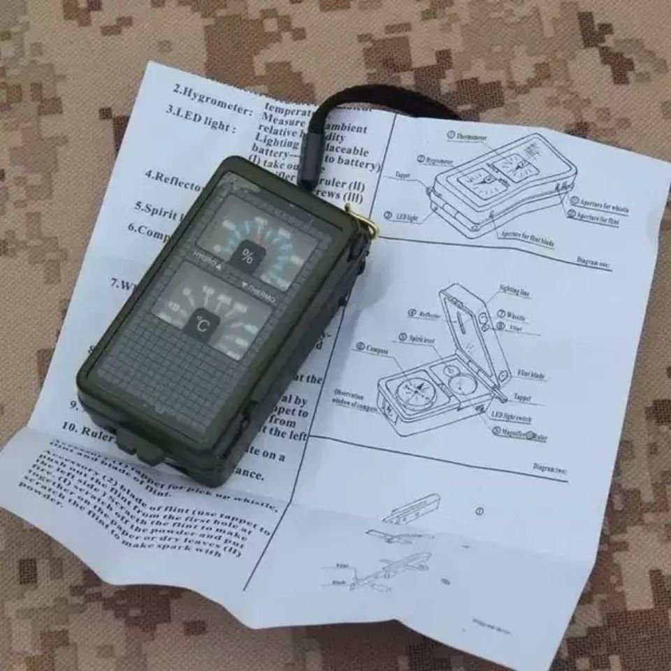 MULTIFUNCTIONAL, WETOMETERS, THERMOMETERS, WHISTLES, LED FLASHLIGHTS, FIRE RODS, COMPASSES, NORTHERLY NEEDLE TOOLBOXES