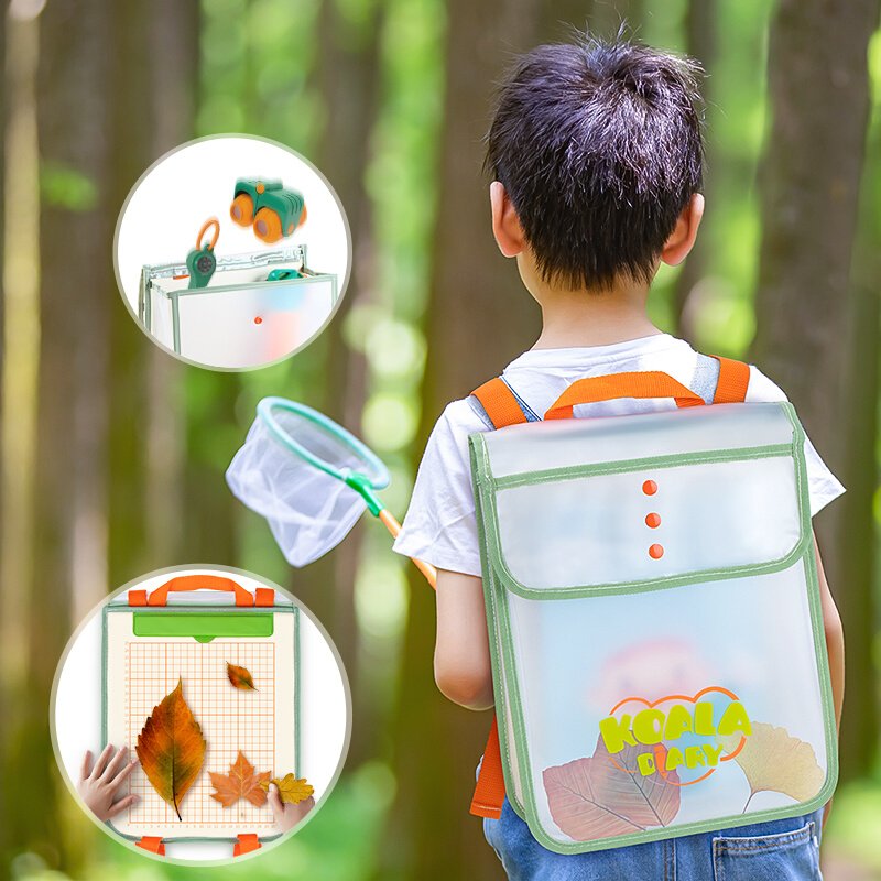 The Cora Diary Insects Watchbox Children's Guide Boy outdoors explore a magnifying glass toy trap