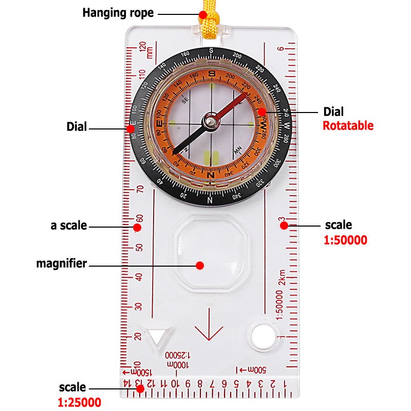 The scale guide guide, the scale map guide for out-of-door life-saving supplies, points to the north for survival