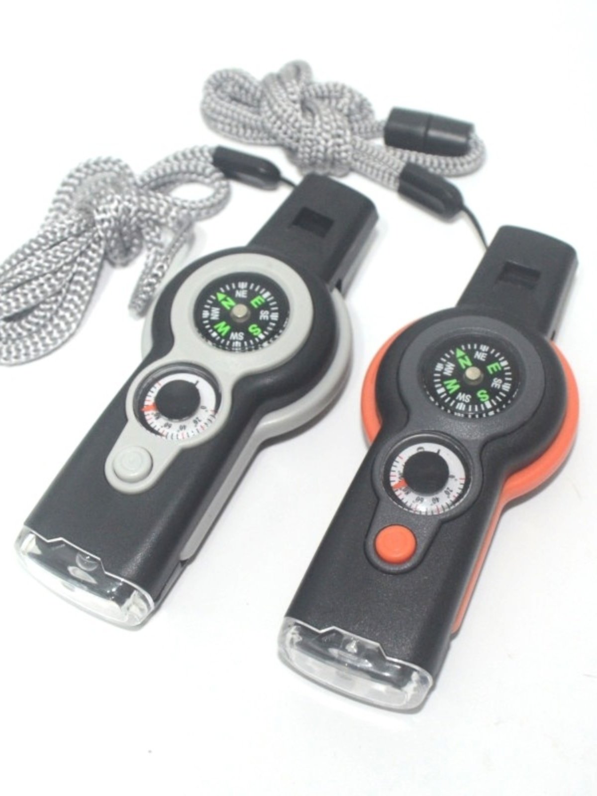 THERMOMETER REFLECTORS, SEVEN MULTI-PURPOSE COMPASSES, OUT-OF-HOUSE WHISTLES, SEVEN-AND-A-POST TAILOR-MADE LOGO