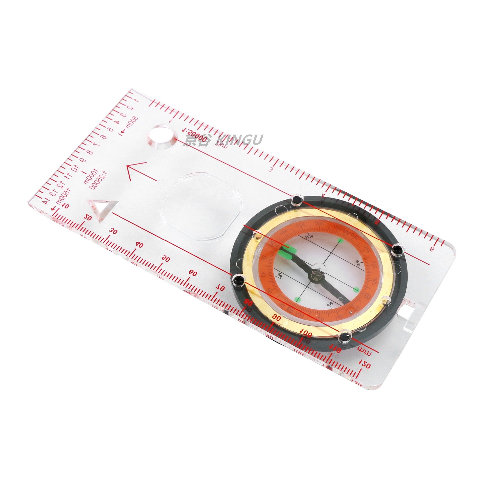 A multi-purpose map ruler guide to a field camping tool points to the north for an emergency