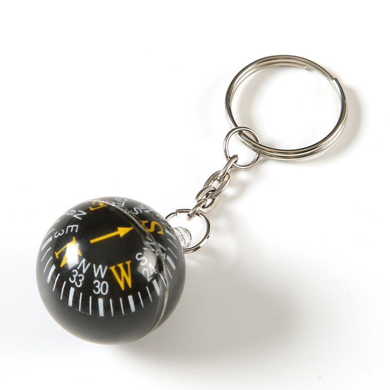 A compass outside, a spherical compass key button, and a mini compass backpack key ring