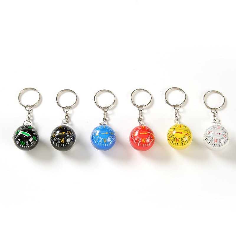 A compass outside, a spherical compass key button, and a mini compass backpack key ring
