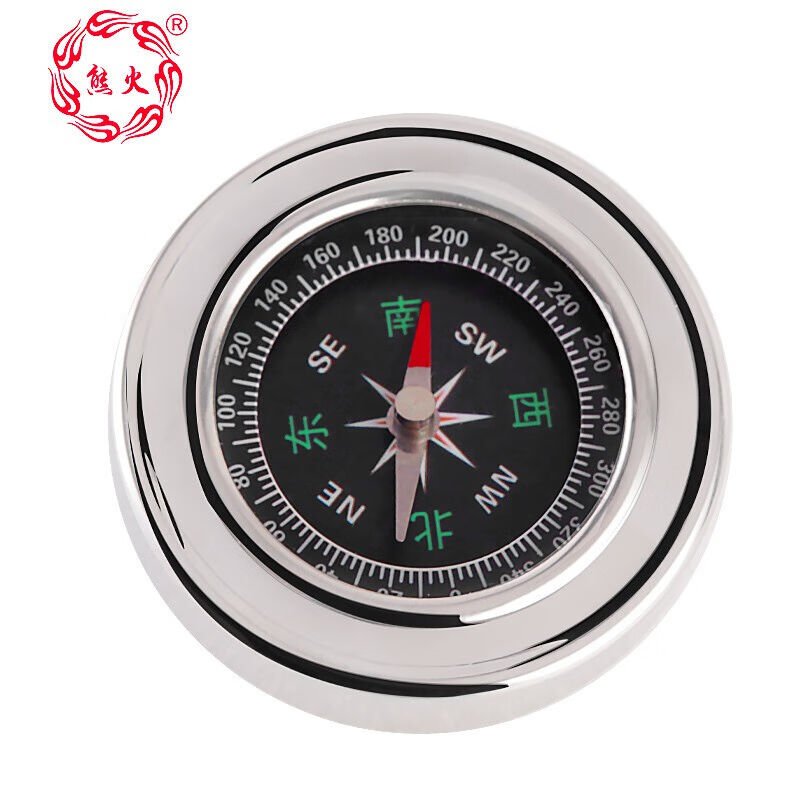 An outdoor multi-purpose bear-fired compass points to a metallic compass with a northern copper stainless steel