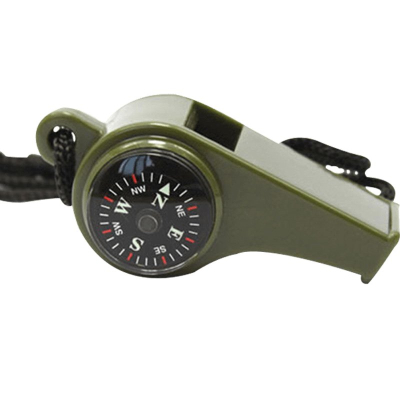A three-in-one compass, a lifesaver/thermometer