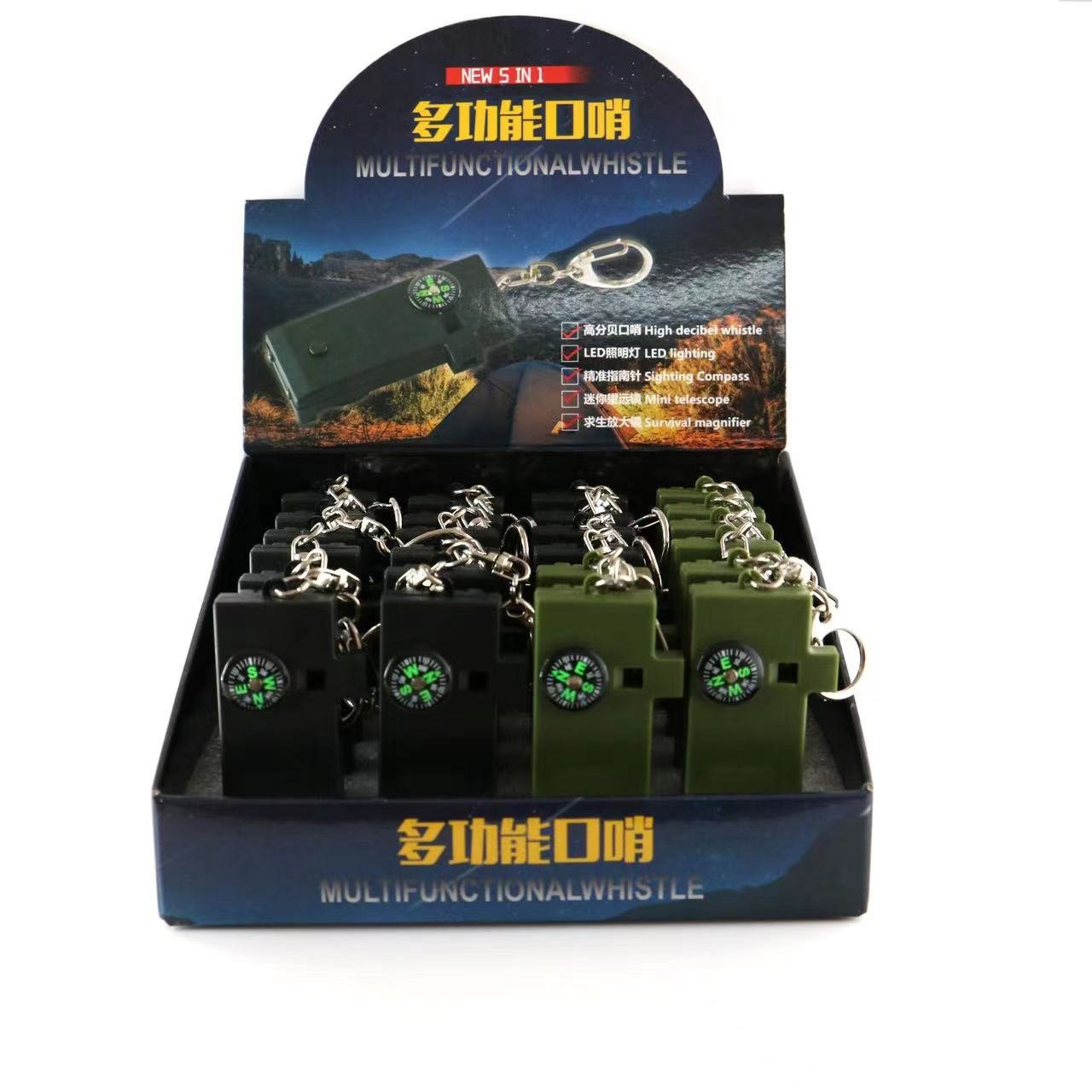 THE NEW FIVE-TO-ONE-PURPOSE OUTDOOR WHISTLE, A COMPASS MAGNIFYING GLASS, BINOCULARS, LED LIGHTS