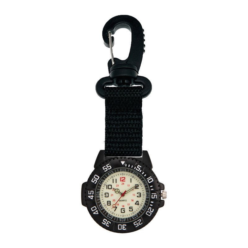 The mountain climber travels with a guideo outside and a watch, with an emergency survival and prevention kit