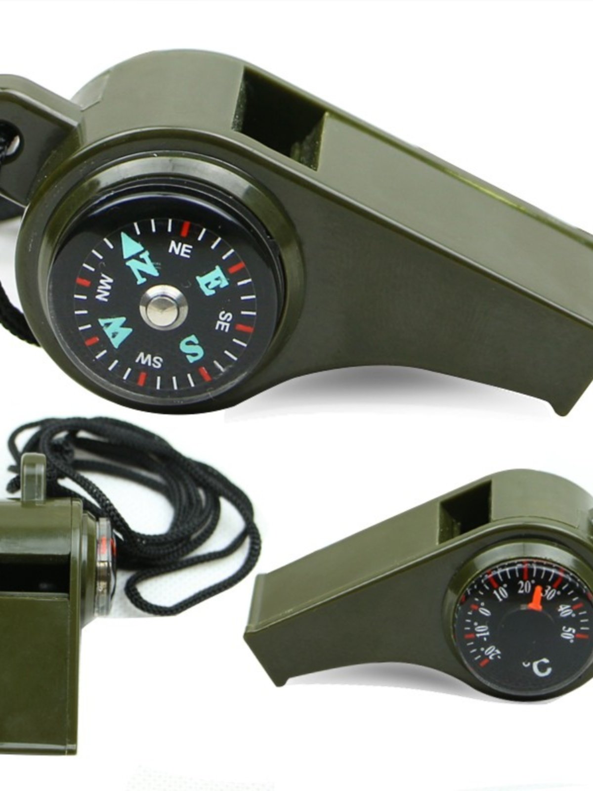 Magnifying mirror flashlight field camp with a seven-to-one-purpose whistling-band thermometer