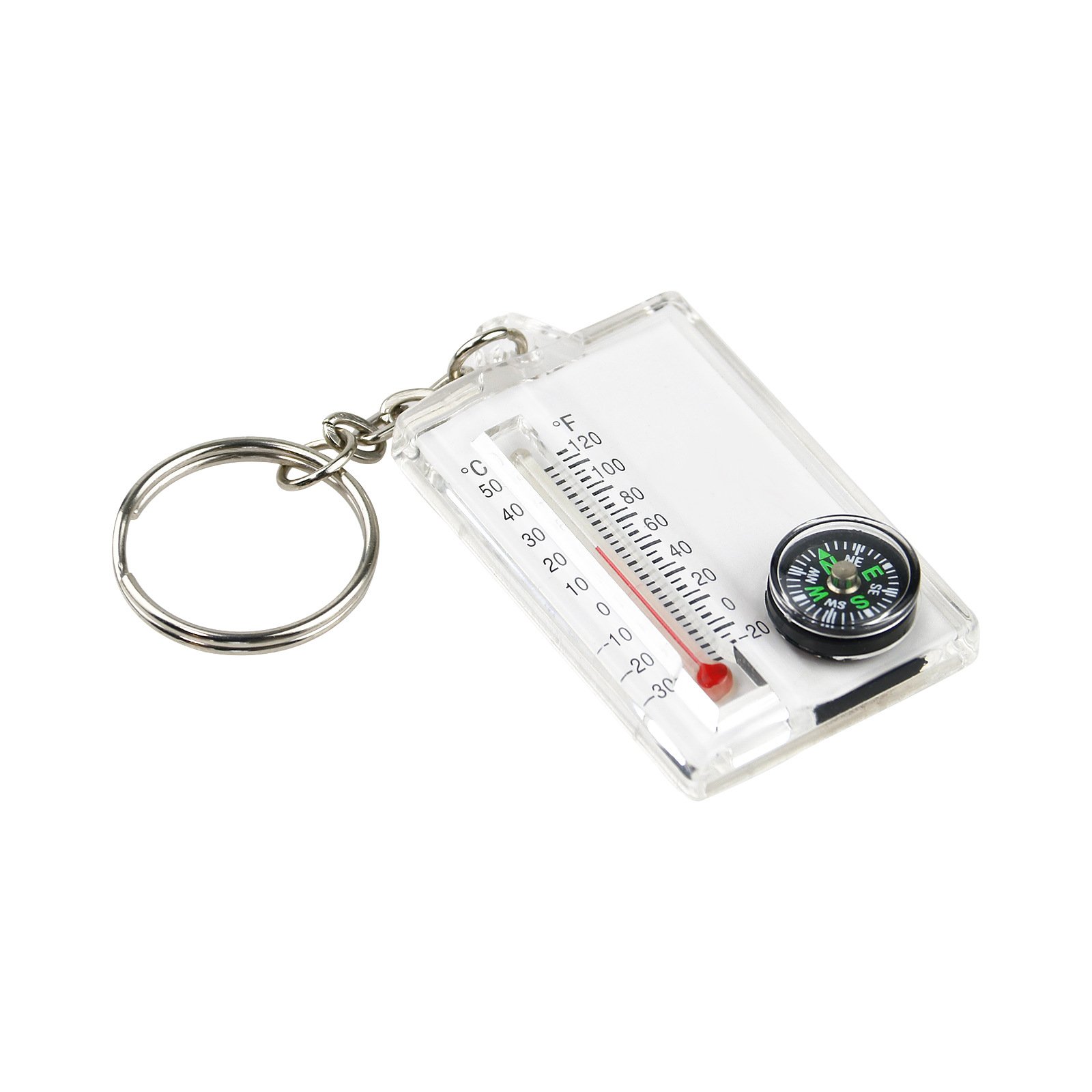 The new key button points to a portable, mini-mountaine, outdoor thermometer compass magnifier