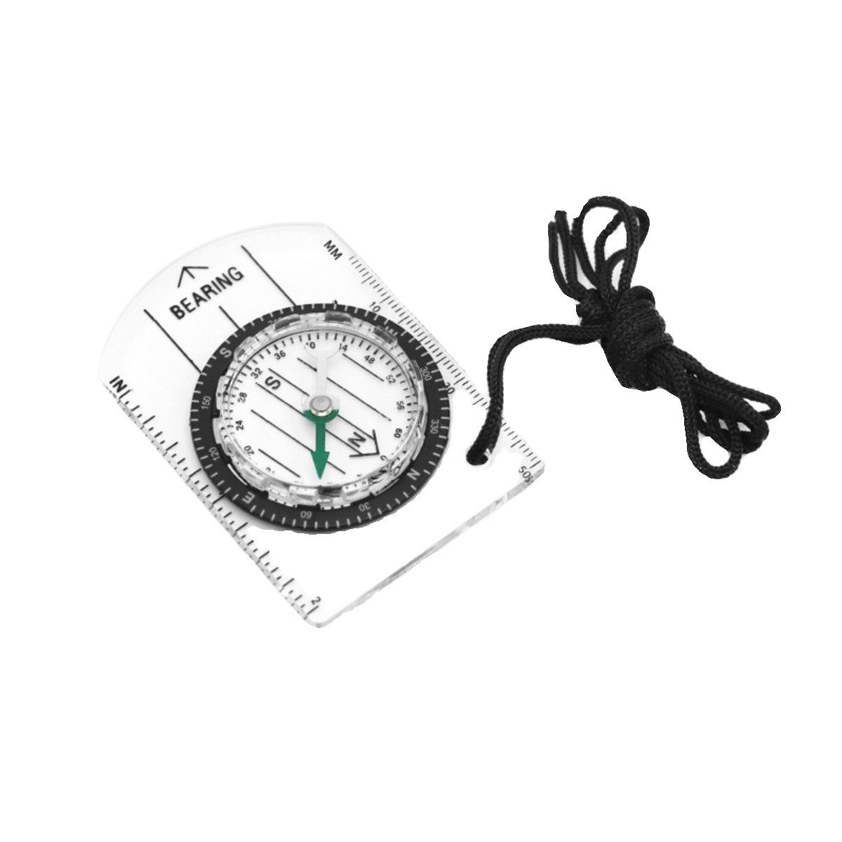 A professional multifunctional compass for survival in the wilderness points to the map of the outdoor equipment of the northern needle. A ruler compass