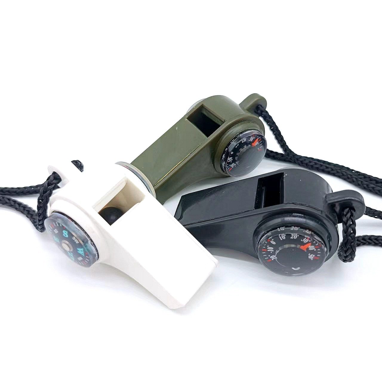 An outdoor multi-purpose whistle. Triple a life-saving whistle line thermometer compass