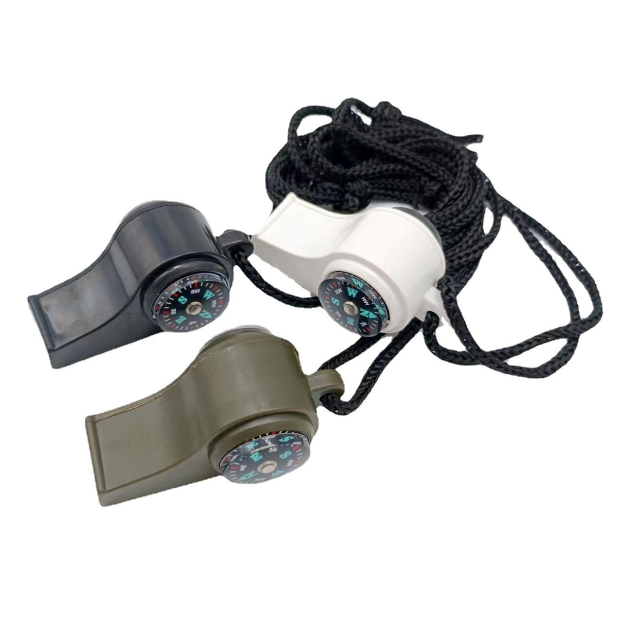 An outdoor multi-purpose whistle. Triple a life-saving whistle line thermometer compass