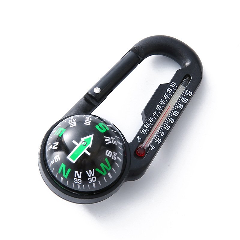 A multi-purpose outdoor compass thermometer, a portable key button compass