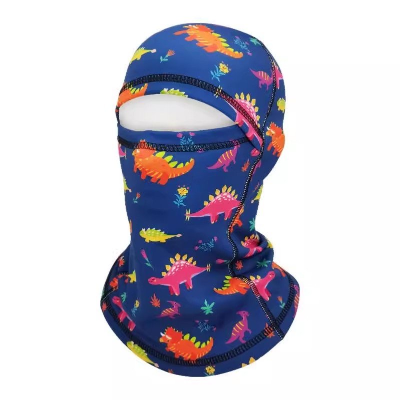 Winter children skiing under a hood to keep the wind warm and cold to protect their necks
