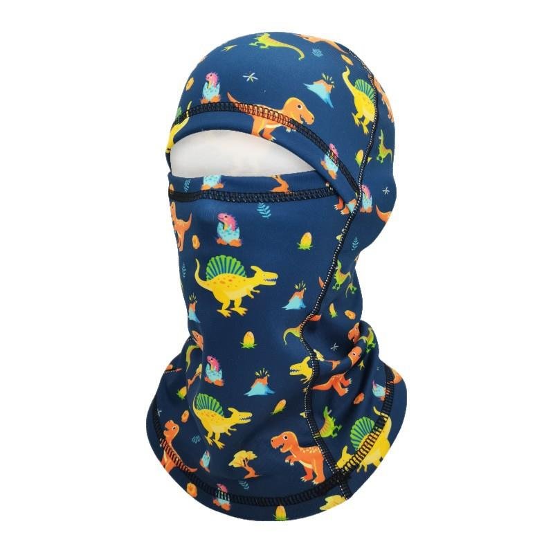 Winter children skiing under a hood to keep the wind warm and cold to protect their necks