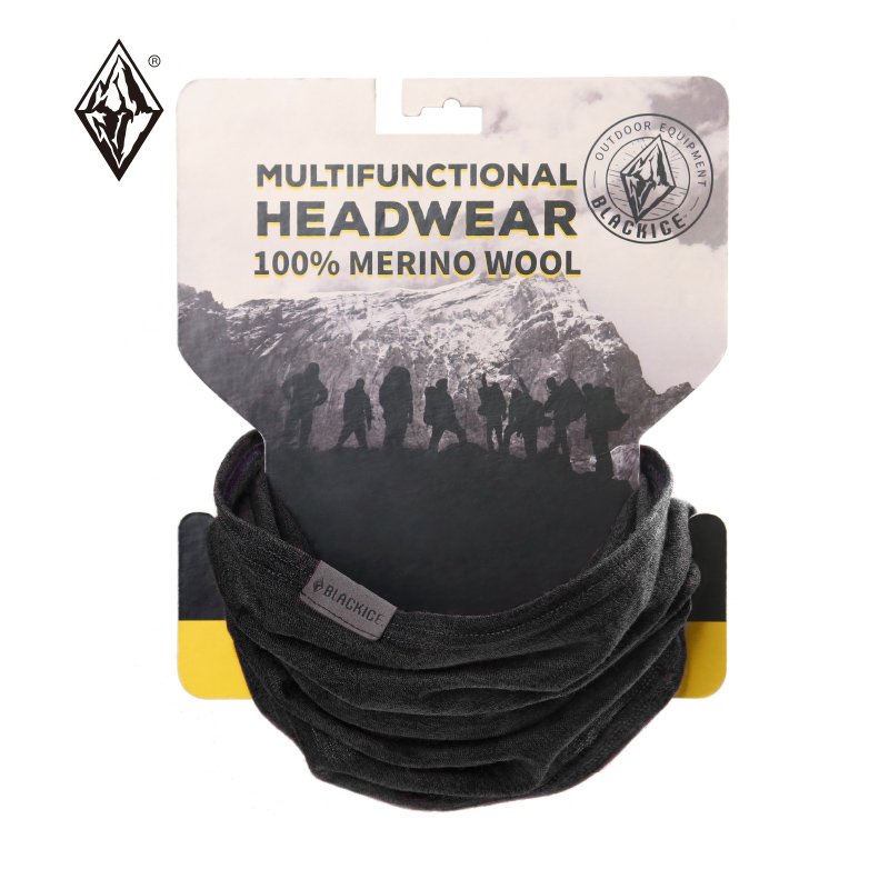 Black ice multi-purpose Mellino wool turbans outside of the house riding a hood to keep the wool around