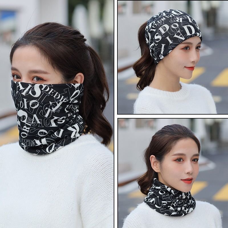 A man and woman who ride a face mask in the autumn and winter with a magic turban over their necks and a wind scarf