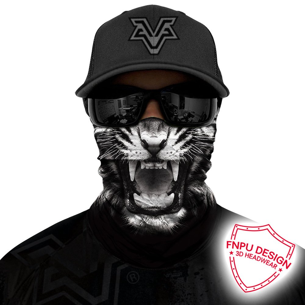 A 3D TAN-SKINNED TURBAN TIGER LION HEAD AROUND HIS NECK, A MALE TURBAN MASK