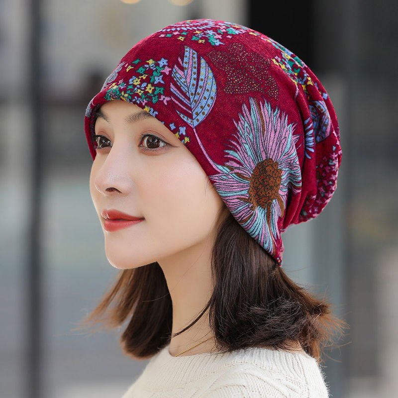 The hat, the scarf head, the hood, the hood lady, the moon hat, so she can go out with a cold