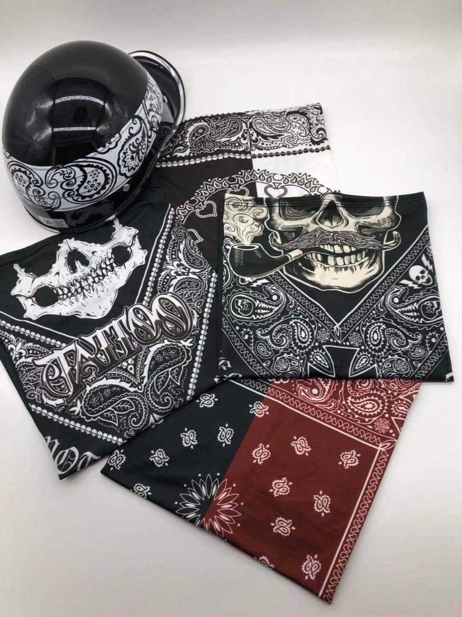 AN OUTDOOR MOTORCYCLE RIDE WITH A SUNSCREEN 3D MAGIC TURBAN AROUND THE AIR-SKULL MASK