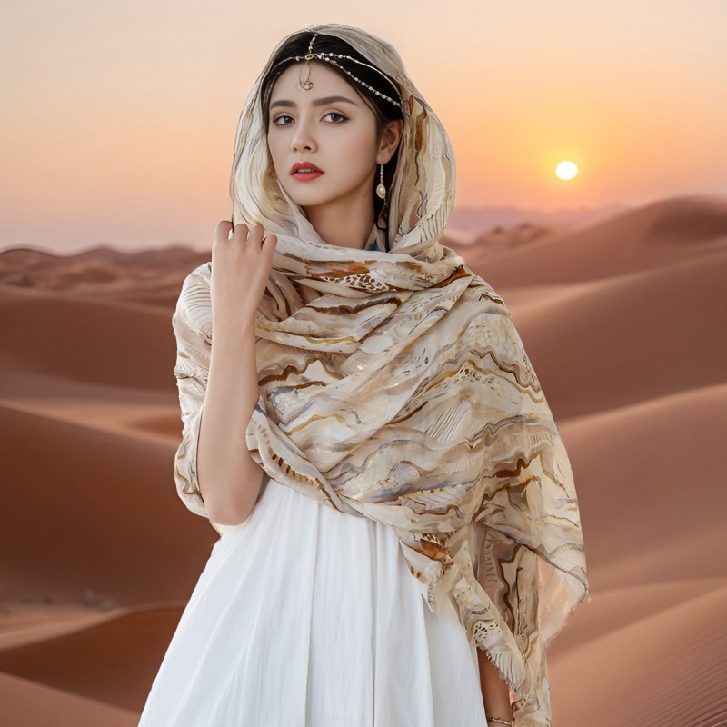 Visiting turban scarf women in the desert on the coast of Dubai, Egypt, to take photos of sand towels and sun-covered headscarf shawl