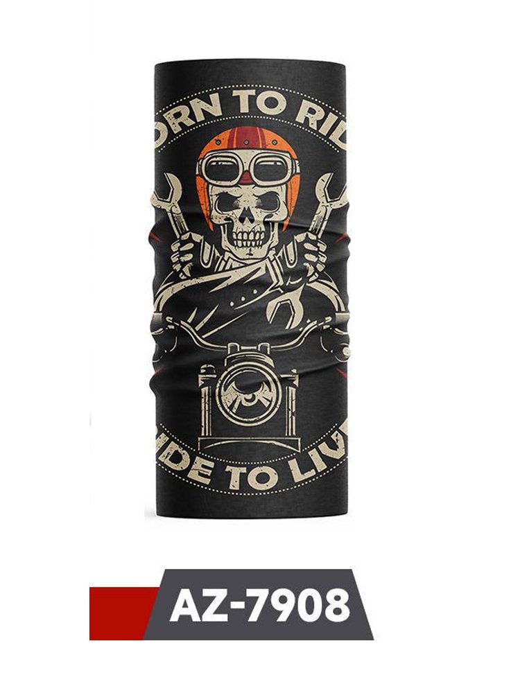 THE MAGIC TURBAN ON THE OUTSIDE OF THE HARLEY MOTORCYCLE, THE MAN AND THE WOMAN WITH THE SUN-SCREENED TWIRL AROUND THE 3D CYCLING MASK