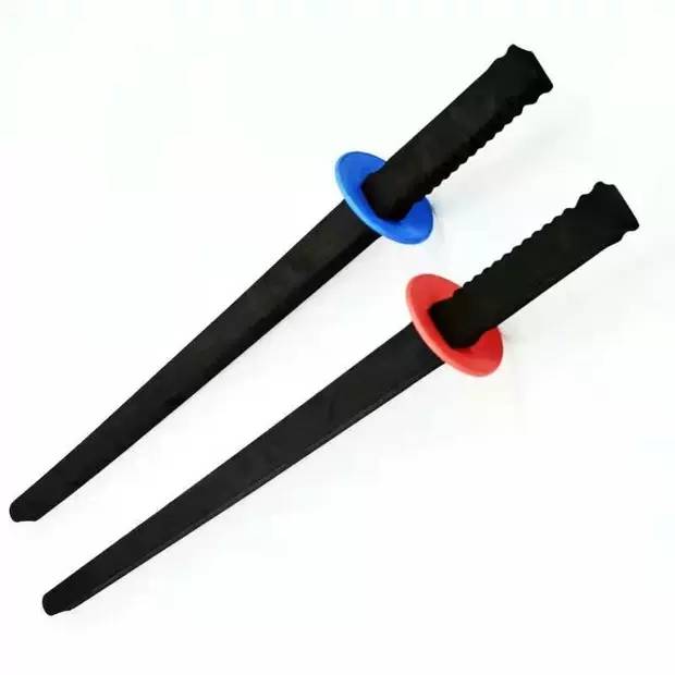 The sword is red and blue