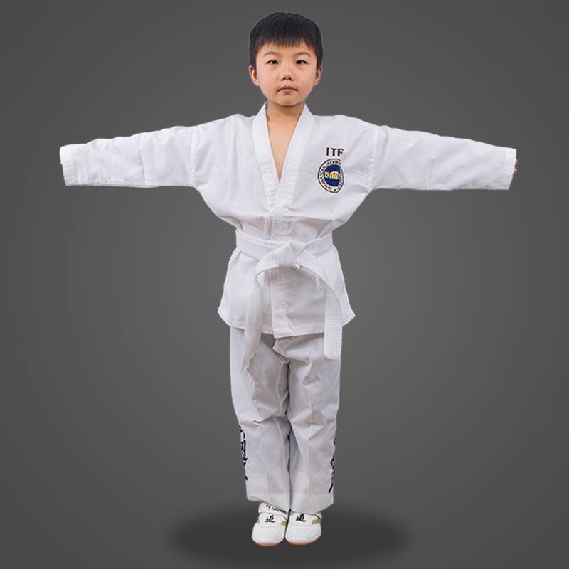 Free shipping genuine high -quality ITF Taoism children's adult white -collar ITF Taekwondo clothing training service autumn and winter gift leucorrhea
