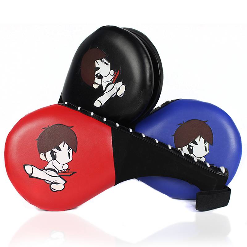 Taekwondo kicks kick-off children with training equipment and goal-shooters with kick-off chicken legs