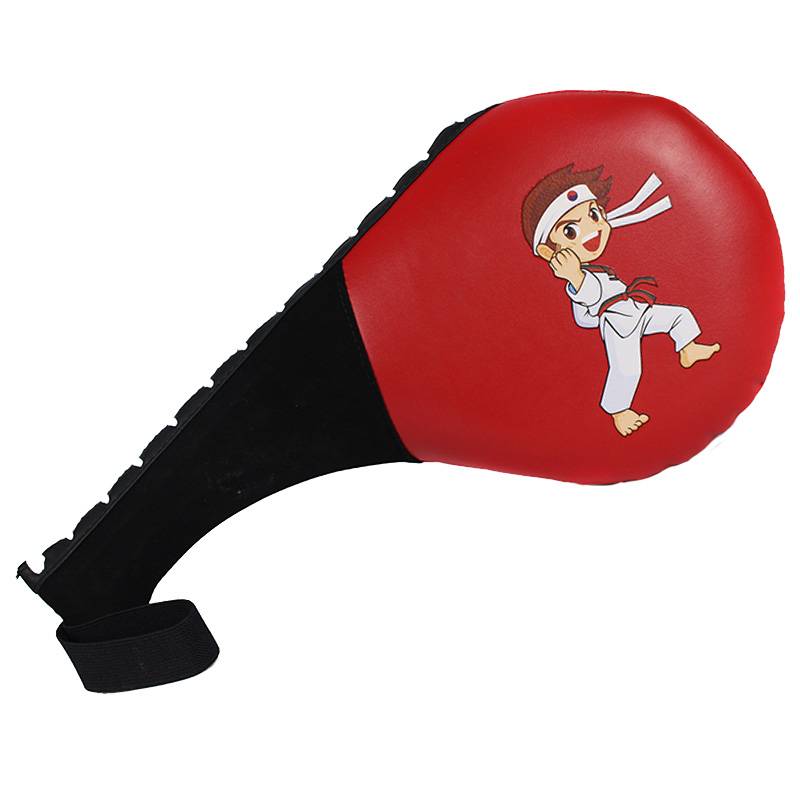 Taekwondo kicks kick-off children with training equipment and goal-shooters with kick-off chicken legs