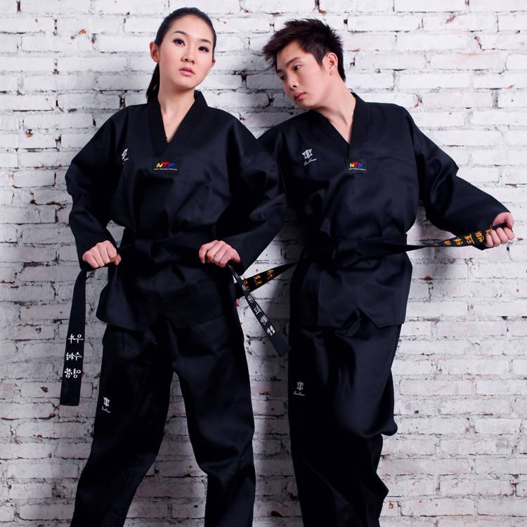 Tianquan adult children black taekwondo clothing long -sleeved men and women lift Taekwondo clothing master service performance training suit