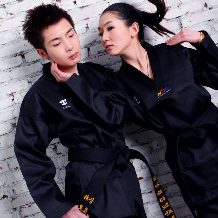 Tianquan adult children black taekwondo clothing long -sleeved men and women lift Taekwondo clothing master service performance training suit